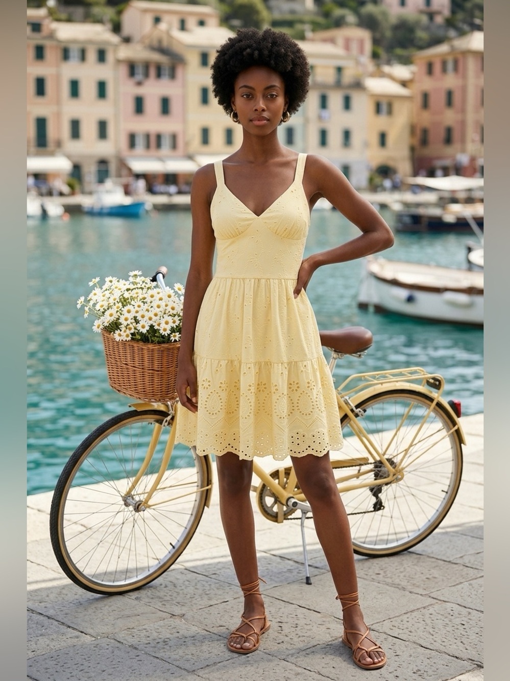 EUC Cupio Women’s Pale Yellow V Neck Summer Eyelet Ruffle Mini Dress - Size M